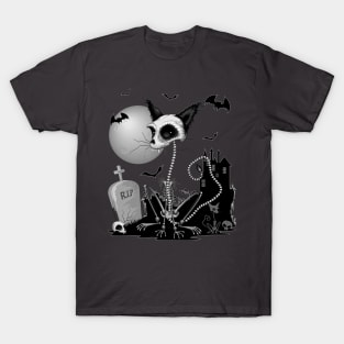 Cat Zombie Creepy Skeleton on Halloween Scenery T-Shirt